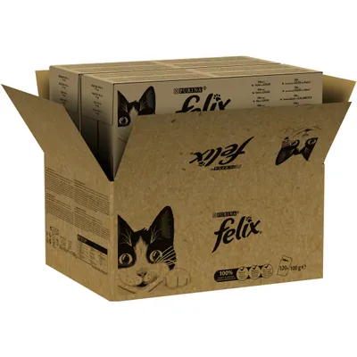 Кашон с опаковки Purina Felix, изображение на котка, надписи: 100 %, 120×100 г, видими пиктограми и информация за продукта върху кашона.