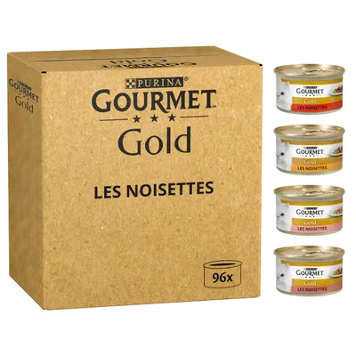 Carton Purina Gourmet Gold Les Noisettes 96x, avec trois boîtes visibles de différentes couleurs portant le même nom et image de chat sur l’étiquette.