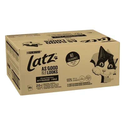 Purina Latz As Good As It Looks Mixed Selection i gelé, 80x100g. Smaker: nöt, kyckling, tonfisk, lax. Ingen färgämne. Text på engelska och finska synlig på förpackningen.