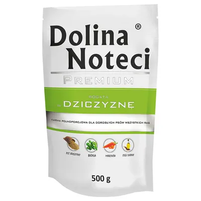 Dolina Noteci Premium, reich an Wildfleisch. Vollwertfutter für erwachsene Hunde aller Rassen, 500 g. Zutaten: brauner Reis, Basilikum, Karotten, Leinöl.