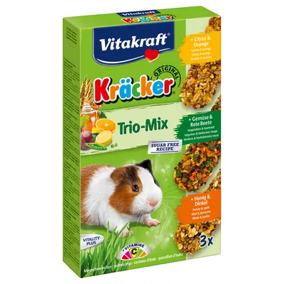 Vitakraft Kräcker Original Trio-Mix marsuille, makuina sitrus-appelsiini, vihannekset-punajuuri ja hunaja-speltti. Sokeriton resepti. 3 kpl pakkauksessa. C-vitamiinia.
