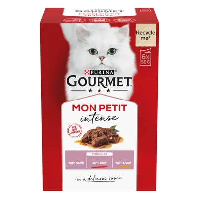 Gourmet Mon Petit Intense fine cuts with game, beef, and liver in sauce. Pack contains 6 x 50g portions. Recycle me message shown.