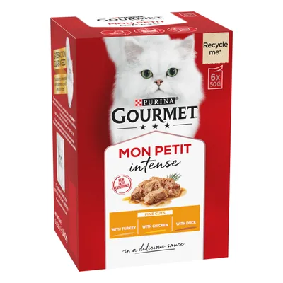 Gourmet Mon Petit Intense fine cuts with turkey, chicken and duck in sauce. Pack contains 6 x 50g portions. Recycle me message visible.