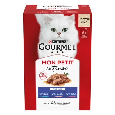 Gourmet Mon Petit Intense fine cuts with tuna, salmon and trout in sauce. Pack contains 6 x 50g portions. Recycle me label shown. New taste experience highlighted.