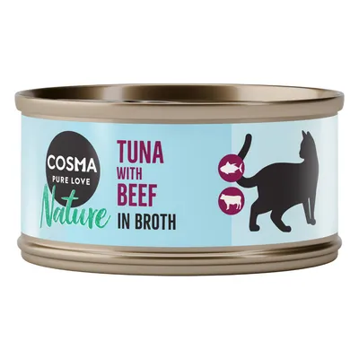 Boîte Cosma Pure Love Nature, texte visible : Tuna with Beef in Broth, illustration de chat, pictogrammes poisson et bœuf. Texte en anglais.