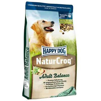 Happy Dog NaturCroq Adult Balance. Premium complete food for adult dogs. Free from soya, colourings and preservatives. With cottage cheese and spinach. Made in Germany.