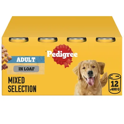 Pedigree Adult in Loaf Mixed Selection, 12 cans of 400g each, visible on yellow packaging with product name and quantity clearly shown.