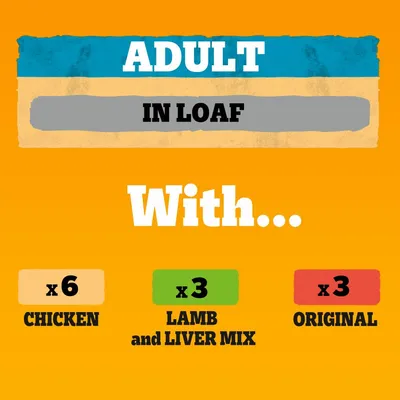 Adult in loaf selection: 6 chicken, 3 lamb and liver mix, 3 original. Product contains a total of 12 portions with these flavours.