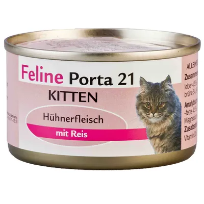 Konzerva Feline Porta 21 Kitten, Hühnerfleisch mit Reis, obrázok mačky na etikete. Text v nemčine.