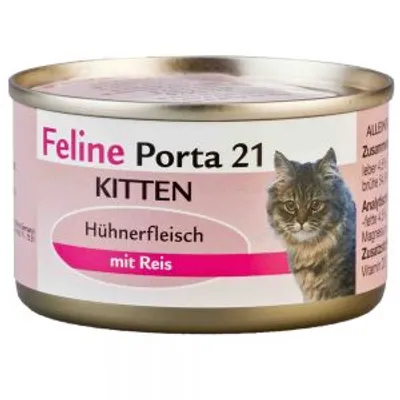 Feline Porta 21 Kitten, Hühnerfleisch mit Reis. Lattina di alimento per gattini con immagine di un gatto e testo in tedesco sull'etichetta.