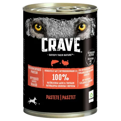 Lata de patê Crave para cães, texto visível: '100% naturalnym łososiem i indykiem', proteína de alta qualidade, sem cereais, sabores salmão e peru. Rótulo em várias línguas.