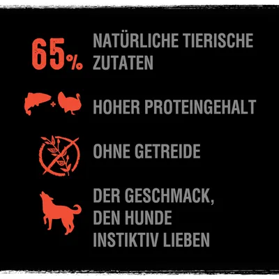65 % luonnollisia eläinperäisiä ainesosia, korkea proteiinipitoisuus, viljaton, maku, jota koirat vaistomaisesti rakastavat.