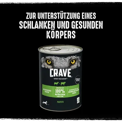 Crave Pastete mit Lamm und Rind, hergestellt mit 100% natürlichen Zutaten. Hochwertiges Protein zur Unterstützung eines schlanken und gesunden Körpers. Getreidefreie Rezeptur.