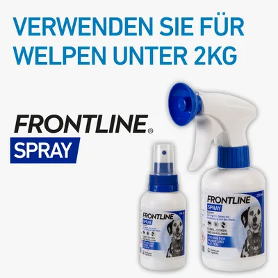 Frontline Spray, geeignet für Welpen unter 2kg. Lösung gegen Flöhe, Zecken und Haarlinge bei Hunden und Katzen. Erhältlich in 100 ml und 250 ml.