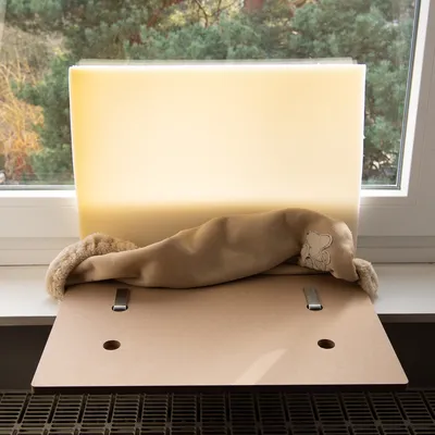 Wooden window perch with beige fabric cover and plush edge, suitable for mounting on window sills.