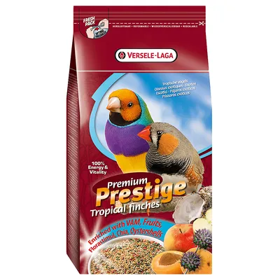 Versele-Laga Premium Prestige Tropical Finches, enriched with VAM, fruit, Florastimul, chia and oyster shells. 100% energy and vitality. Fresh pack, resealable.
