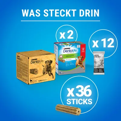 Purina Dentalife Produktübersicht: Box mit 2x18 Sticks, Packung mit 12 Einheiten und insgesamt 36 Sticks. Text: 'Was steckt drin'.