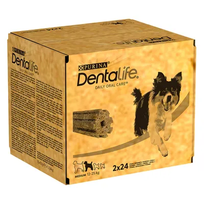 Purina Dentalife Daily Oral Care, hondensnacks voor middelgrote honden (12-25 kg), verpakking met 2x24 stuks.