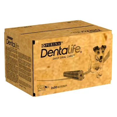 Purina Dentalife Daily Oral Care, balenie s 2x30 kusmi pre malé psy (7-12 kg). Snacky na starostlivosť o zuby na podporu ústneho zdravia.