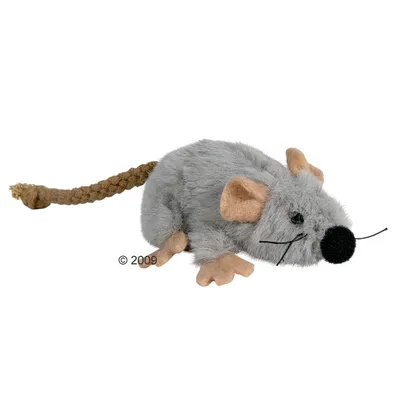 Speelgoedmuis voor huisdieren, grijs pluche met beige vilten oren en poten, zwarte neus en snorharen, gevlochten bruine staart. © 2009 zichtbaar op de afbeelding.
