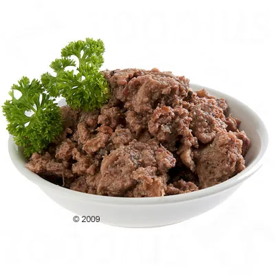 Schaal met natvoer voor huisdieren, bruine vleesstructuur, gegarneerd met verse peterselie. Merk- of productnaam niet zichtbaar.