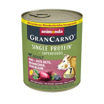 Animonda GranCarno Single Protein Adult, beef with beetroot, blackberries and dandelion. Made with tasty beef broth, grain-free, gluten-free, Made in Germany.