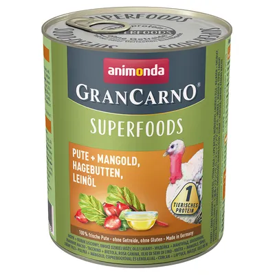 Консерва Animonda GranCarno Superfoods. Видим текст: Pute + Mangold, Hagebutten, Leinöl. 1 tierisches Protein. Изображения на пуйка, манголд, шипки и ленено масло.