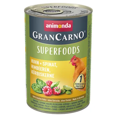 animonda GranCarno Superfoods -kana, pinaatti, vadelma, kurpitsansiemen. 1 eläinproteiini. 100 % tuore kana, viljaton, gluteeniton. Made in Germany.