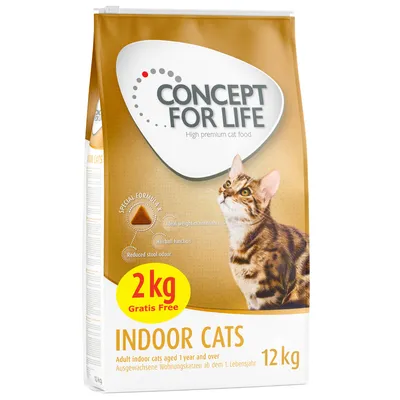 Concept for Life Indoor Cats, 12 kg. Formulă specială: menținerea greutății ideale, funcție anti-bile de păr, miros redus al scaunului. 2 kg gratuit pentru pisici adulte de apartament de la 1 an.