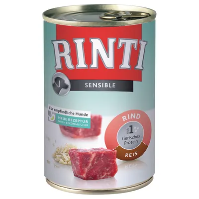 RINTI Sensible, Rind, Reis. Widoczny kawałek mięsa i ryżu. Tekst: Für empfindliche Hunde, Neue Rezeptur, nur 1 tierisches Protein.