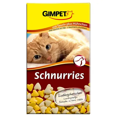 Gimpet Schnurries -kissanherkut, sydämenmuotoisia keltaisia ja valkoisia nappeja. Teksti: mit Taurin plus Huhnchen, Lieblingsherzchen. Pakkauksessa oranssi kissa.