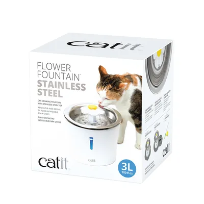 Catit Flower Fountain in acciaio inox, fontanella per gatti con capacità di 3L. La confezione mostra i dettagli del prodotto e l'immagine della fontanella.