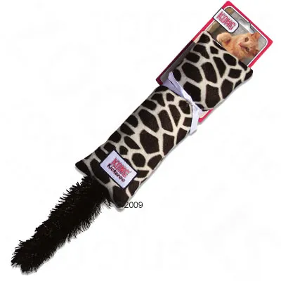 Plush toy with a giraffe pattern and furry tail, shown in packaging with visible product label.