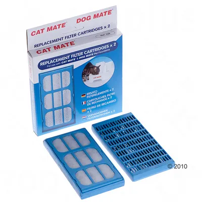 Replacement filter cartridges pack showing two blue filters for use with Cat Mate and Dog Mate pet fountains. Packaging states two cartridges included, with multilingual text.
