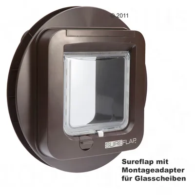 Porta per animali SureFlap marrone con adattatore di montaggio per vetro, testo visibile: 'Sureflap mit Montageadapter für Glasscheiben'.
