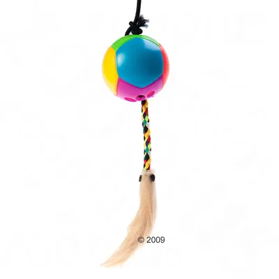 Kattenspeeltje met een meerkleurige plastic bal, gevlochten touw en beige staartje van stof. Bal heeft drie gaten en is bevestigd aan een zwart koord.