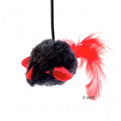 Kattenspeeltje in de vorm van een zwarte muis met rode oren en rode verenstaart, bevestigd aan een zwart koord. Materiaal: pluche en veren.