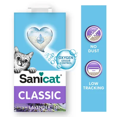 Sanicat Classic Lavender 16L kattegrus. Tekst: OXYGEN ODOUR CONTROL, NO DUST, LOW TRACKING. Billede af kat og lavendel. Synlig hjerteformet symbol med dråbe.