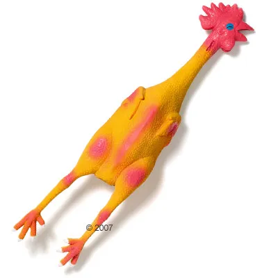 Giocattolo per animali a forma di pollo giallo con dettagli rosa, realizzato in plastica. Nessun marchio visibile.