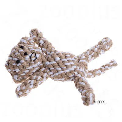 Spielzeug in Form eines Bären aus geflochtenem Seil in Beige und Weiss mit aufgesticktem Gesicht.