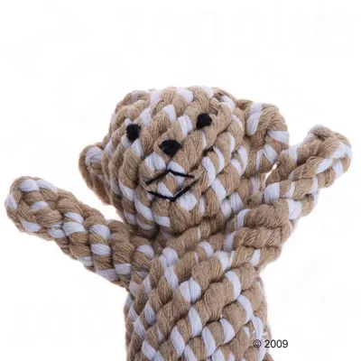 Spielzeug in Form eines Bären aus geflochtenem Seil in Beige und Weiss mit aufgesticktem Gesicht.