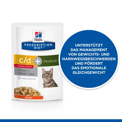 Hill's Prescription Diet c/d + Metabolic Urinary + Weight Care kattenvoer, Chicken. Duitse tekst: Unterstützt das Management von Gewichts- und Harnwegsbeschwerden und fördert das emotionale Gleichgewicht.