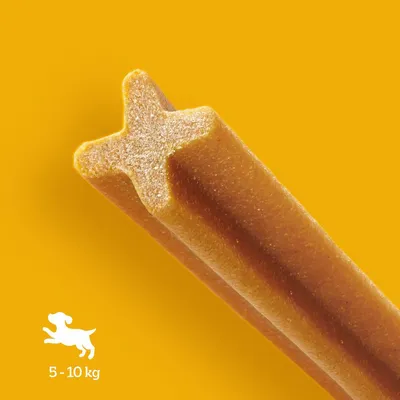 Dog snack in X-shape, suitable for dogs weighing 5-10 kg. Yellow background with dog symbol and weight indication.