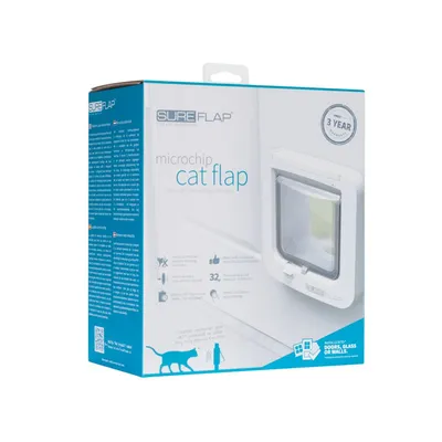 SureFlap microchip cat flap packaging showing features: prevents intruder animals, works with all microchips, stores up to 32 identities, installs into doors, glass or walls.