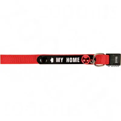 Red collar with black stripe and 'MY HOME' text, includes red bell and metal ring. Brand: Trixie.