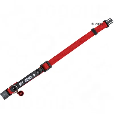 Red collar with bell and 'MY HOME' lettering, adjustable with black buckle.