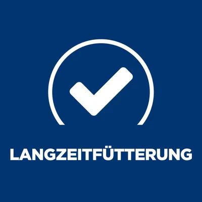 Langzeitfütterung mit weissem Häkchen-Symbol auf blauem Hintergrund.