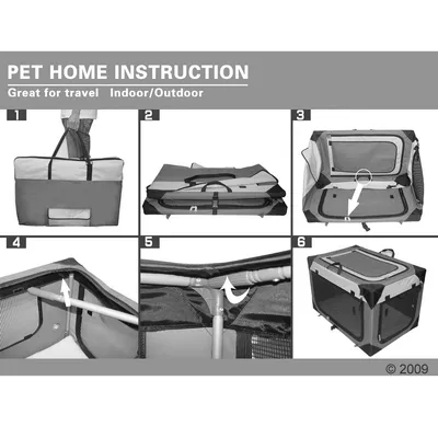 Step-by-step instructions for assembling a portable pet home, showing folding, frame setup, and securing parts. Suitable for travel and indoor or outdoor use.