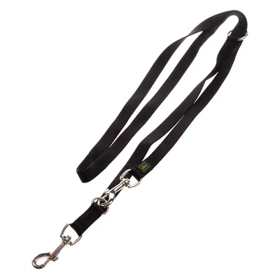Black dog lead made of nylon with metal snap hook and adjustable length.