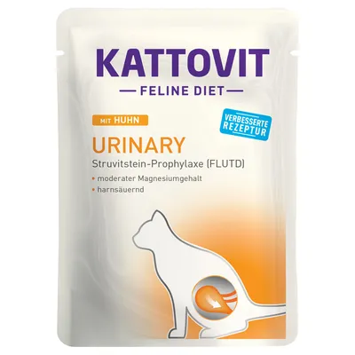 Kattovit Feline Diet Urinary with chicken, struvite stone prophylaxis (FLUTD), moderate magnesium content, urine-acidifying, improved formula.